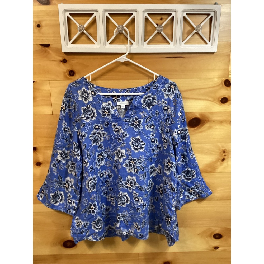 J. Jill Love Linen Floral Blouse Women XL Blue 3/4 Bell Sleeve Split V-Neck Top